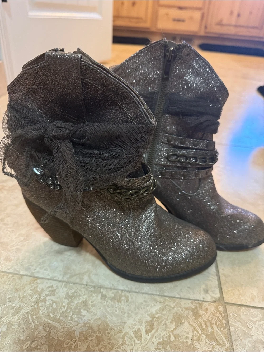Women's Glitter Ankle Boots with Decorative Chains and Gem Accent -